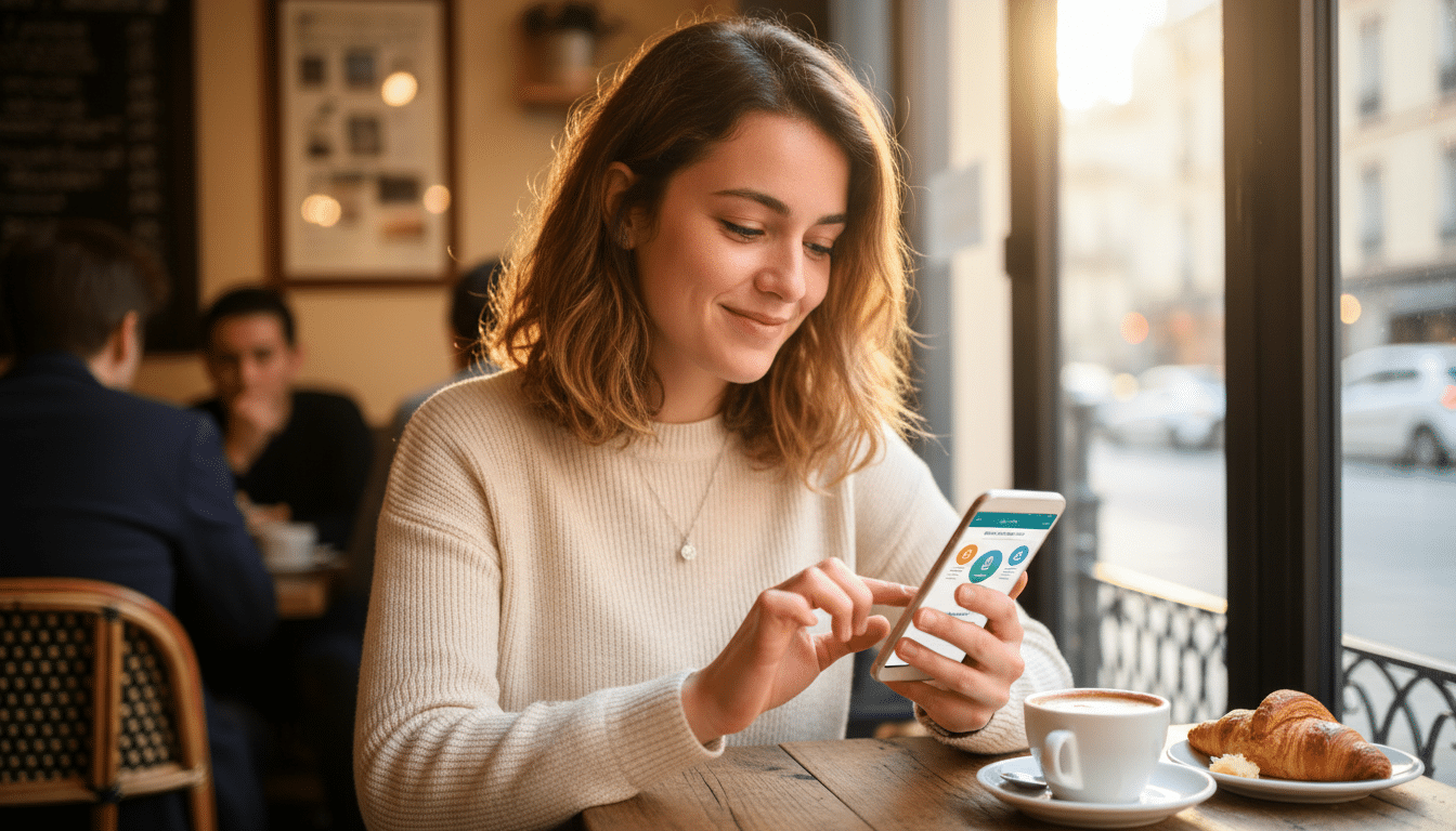 Femme consulte son épargne sur application bancaire