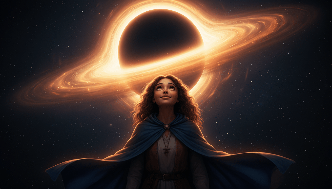 femme contemplant un trou noir cosmique lumineux