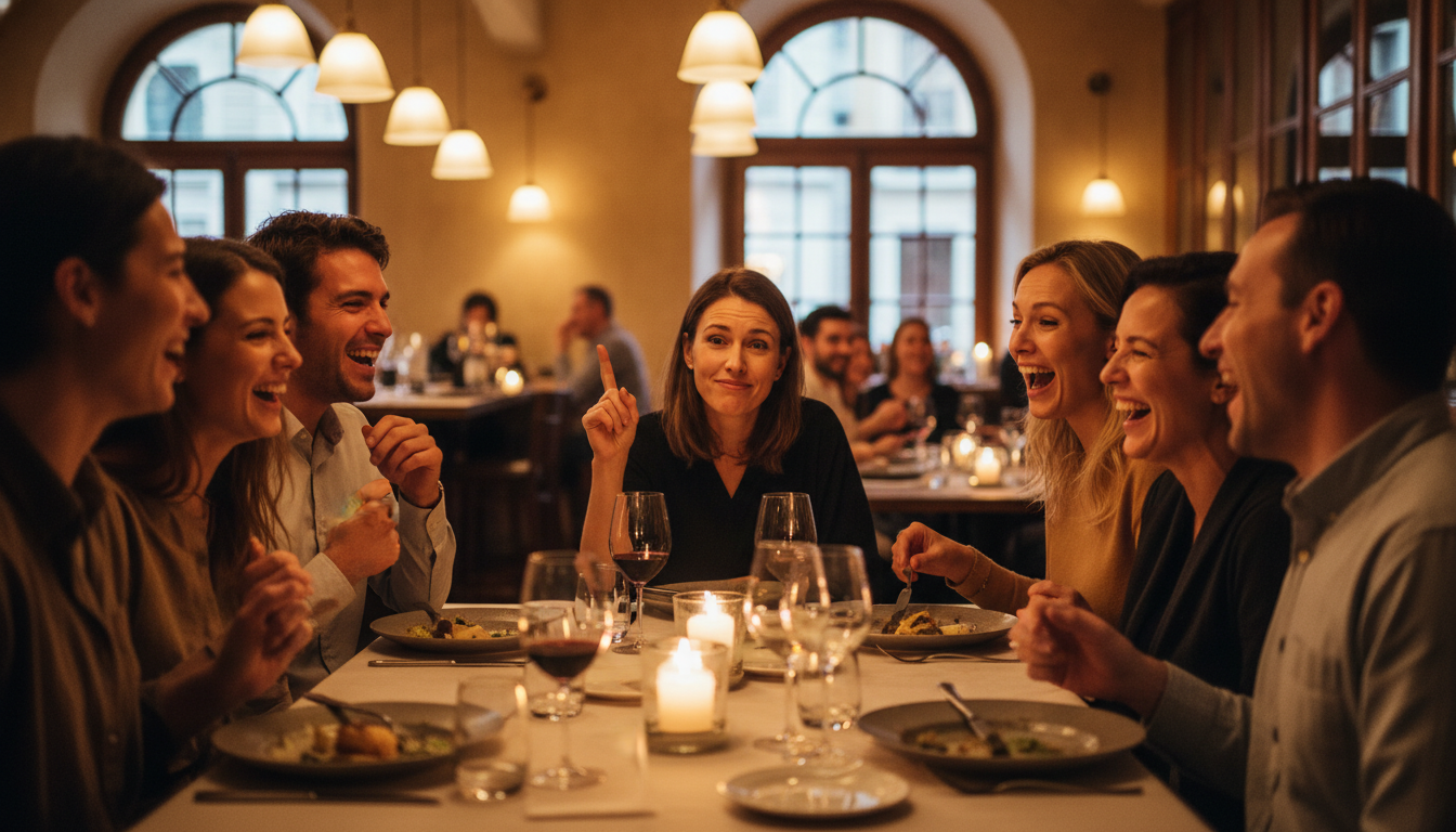 Femme corrigeant une idée reçue autour d'une table
