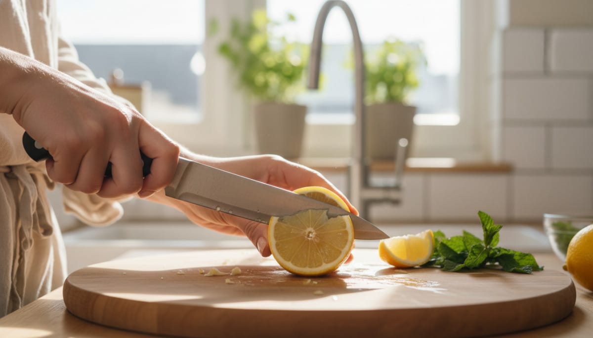 Femme coupant un citron frais en deux sur une planche