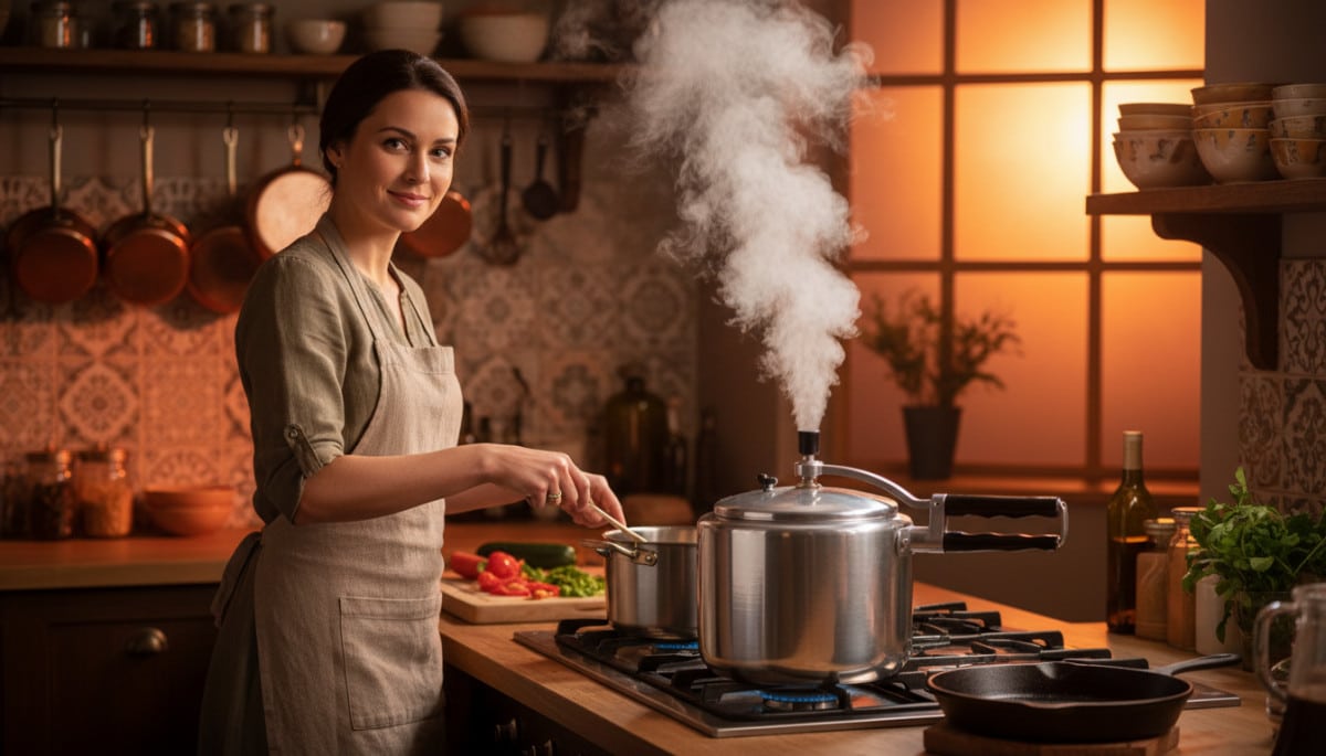 femme cuisinant avec une cocotte-minute vintage