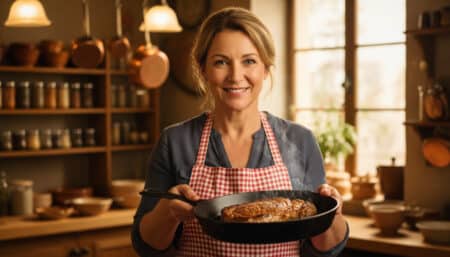 Femme cuisinant un steak doré dans une poêle en fonte