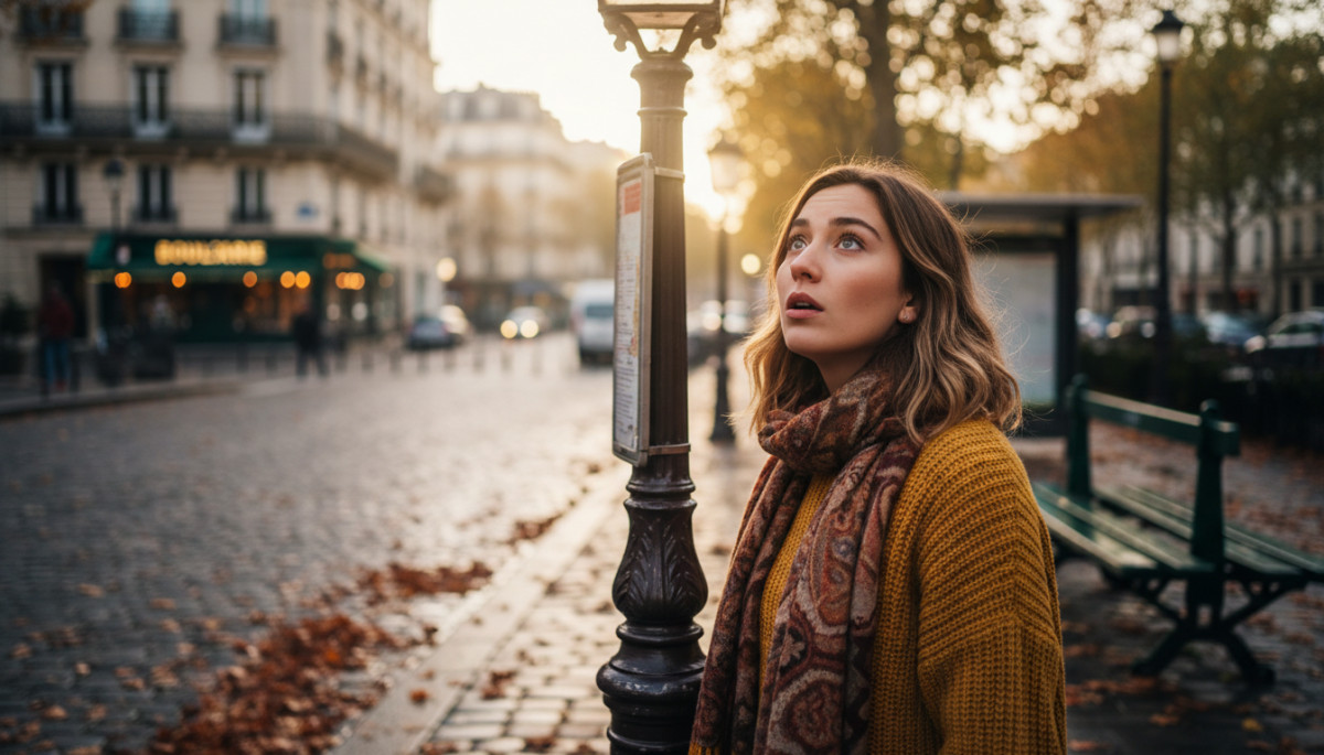 Femme curieuse devant un poteau d'arrêt de bus rouge et blanc à Paris