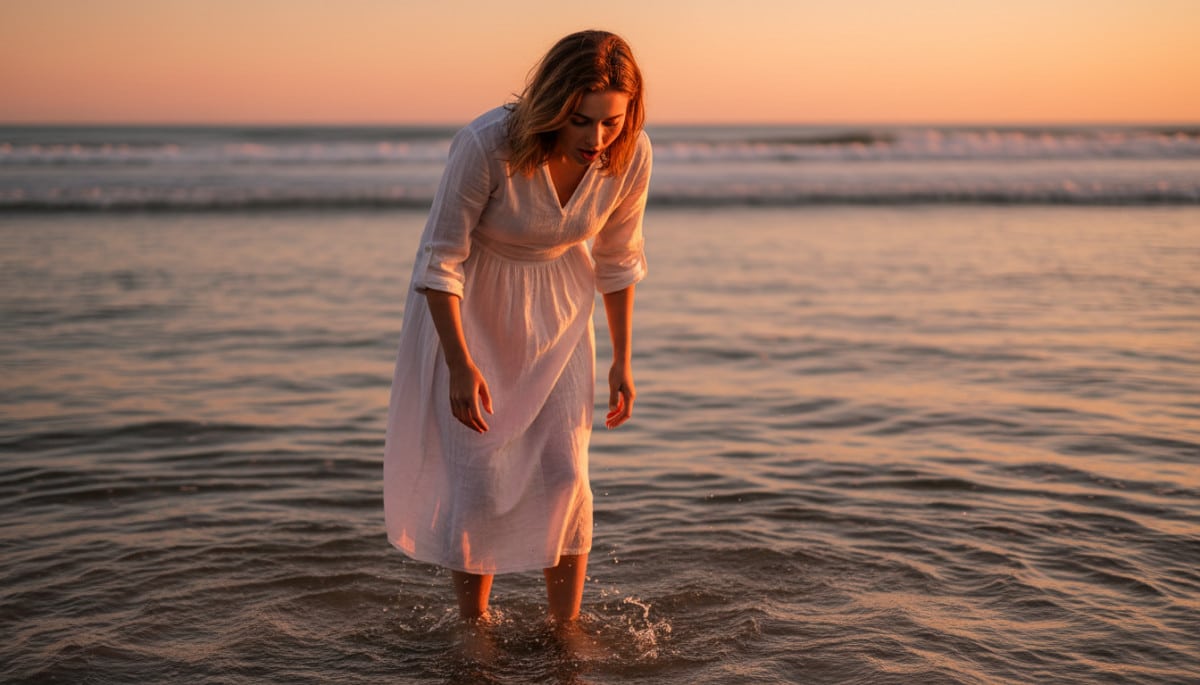 Femme curieuse les pieds dans l'eau de mer salée