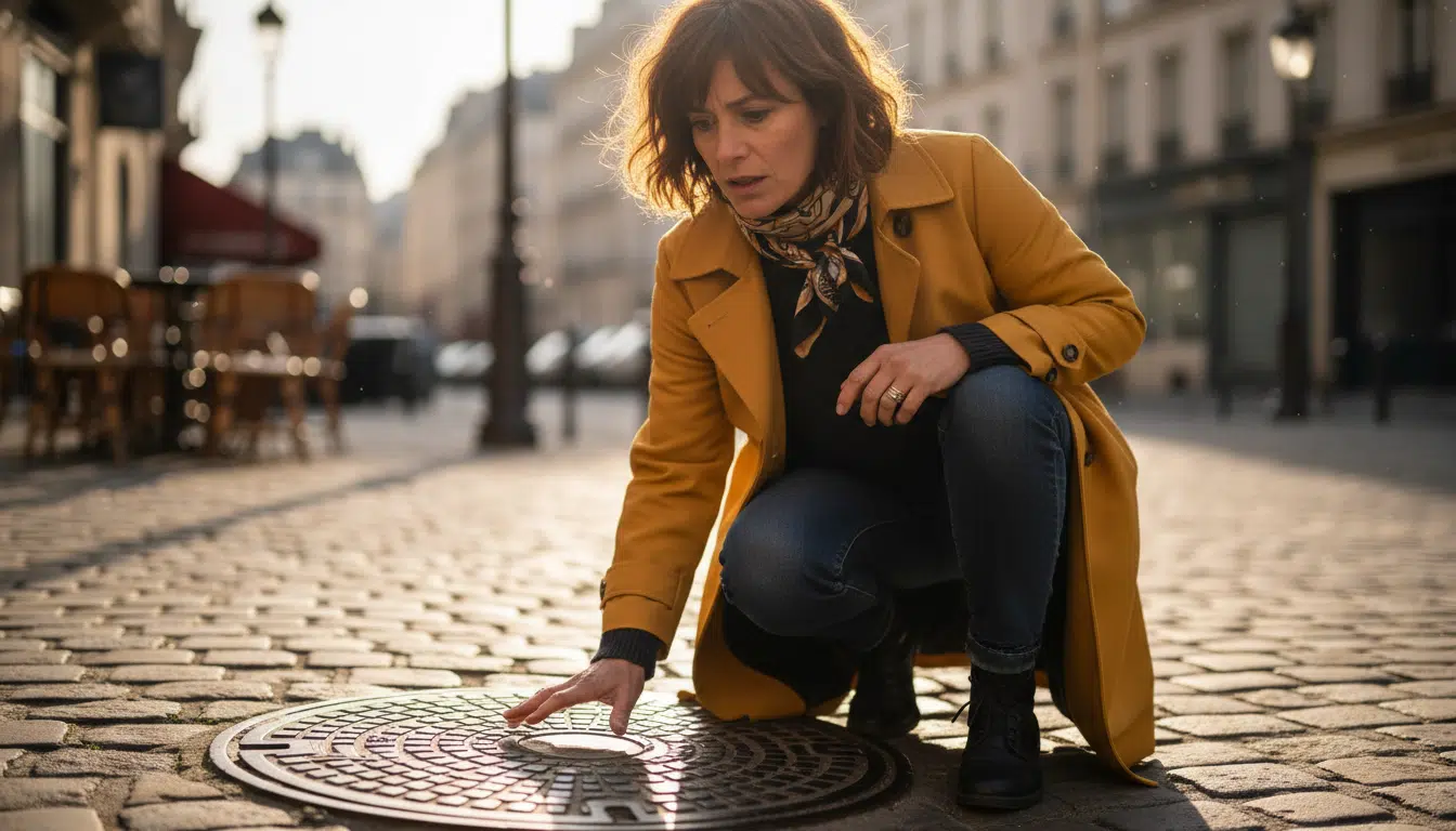 Femme curieuse observant une plaque d'égout ronde à Paris