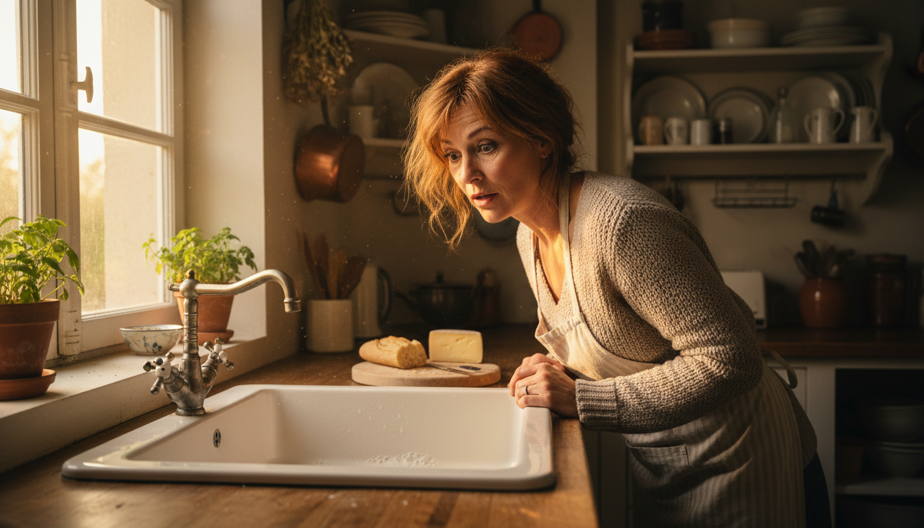 Femme curieuse penchée sur son évier le matin