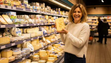 Femme dans rayon fromages supermarché tenant de l'emmental