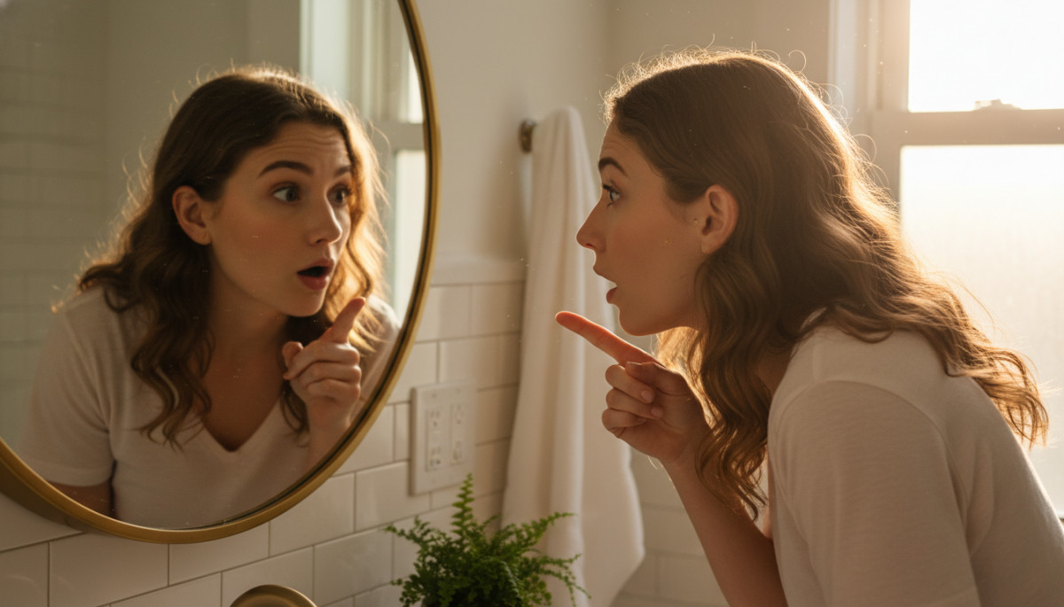 Femme découvrant le trou devant son oreille dans un miroir