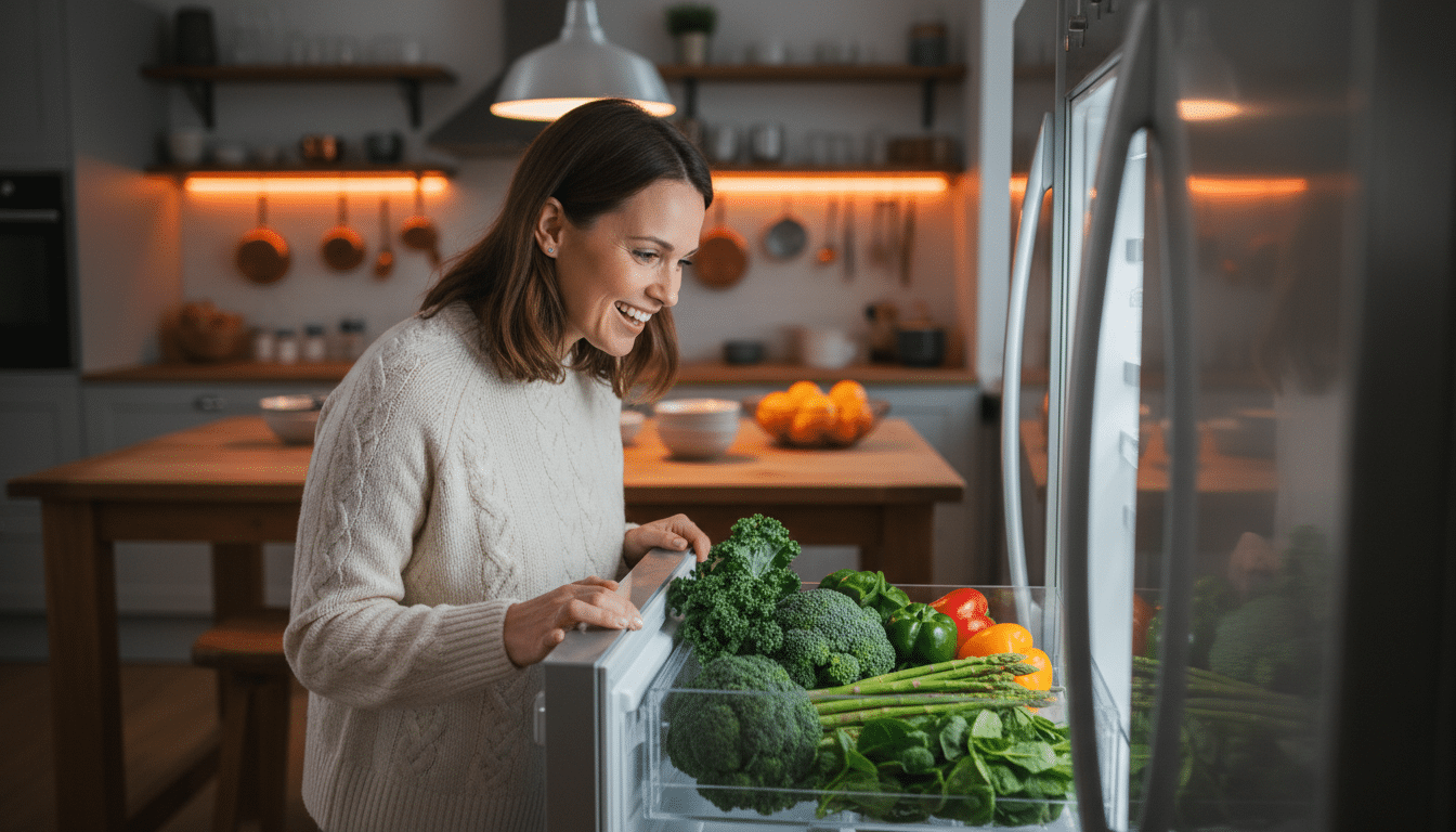 femme découvrant légumes bien conservés dans réfrigérateur