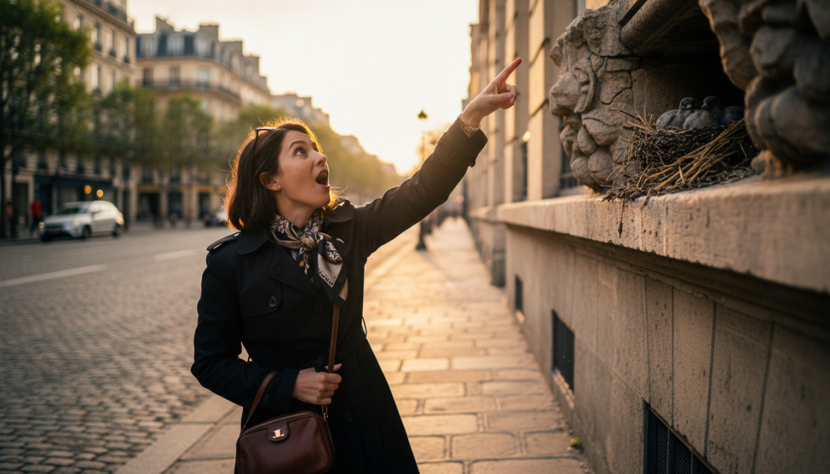 Femme découvrant un nid de pigeon caché en ville