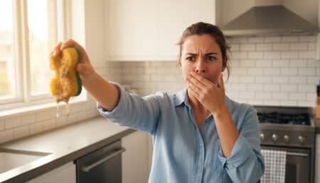 femme dégoûtée tenant une éponge de cuisine usée
