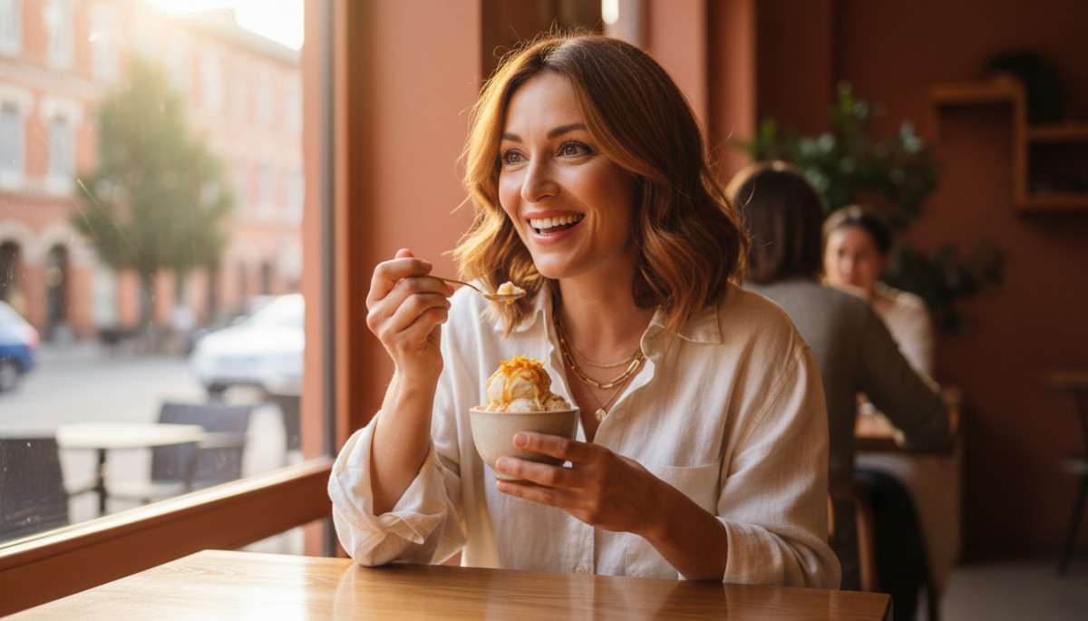 Femme dégustant une glace premium avec surprise