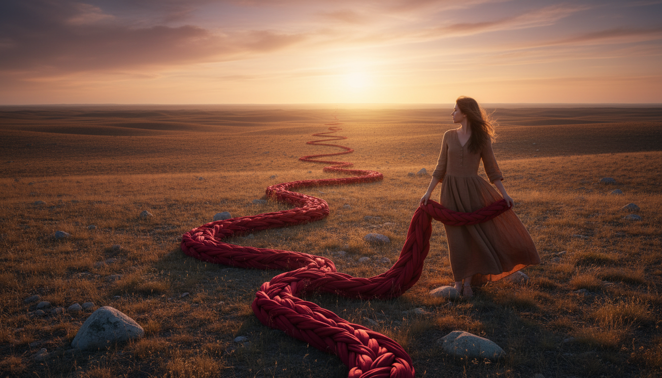 femme déroulant un fil rouge géant dans un paysage ouvert