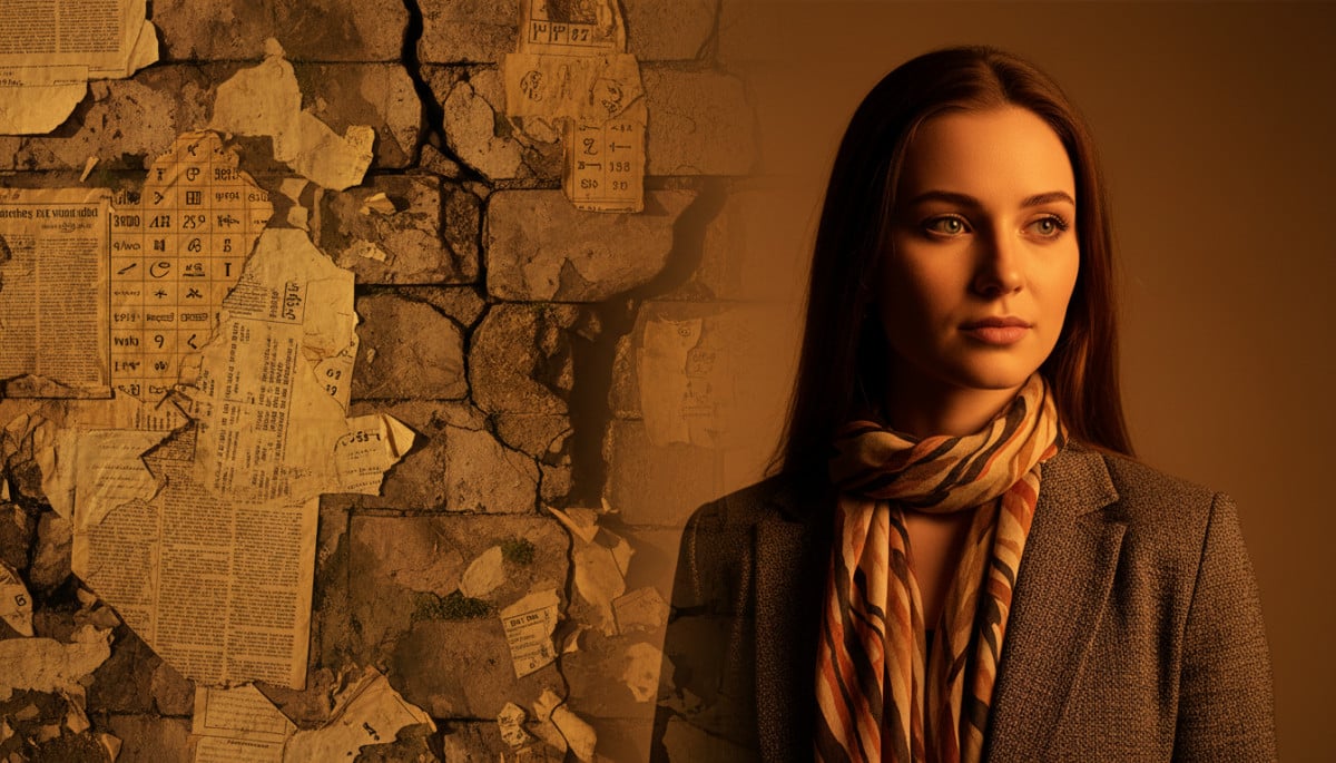 Femme déterminée face aux pages de l'histoire du 24 avril