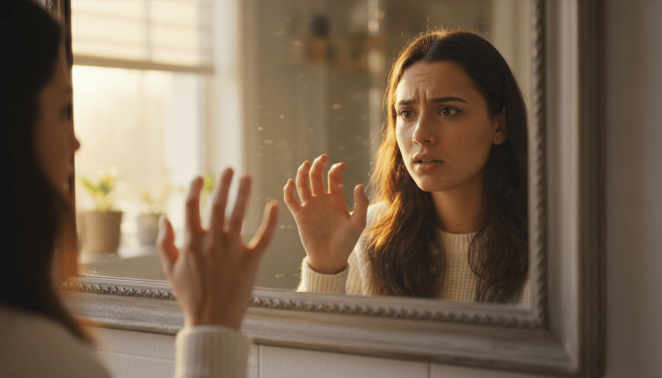 femme devant miroir lève main droite perplexe