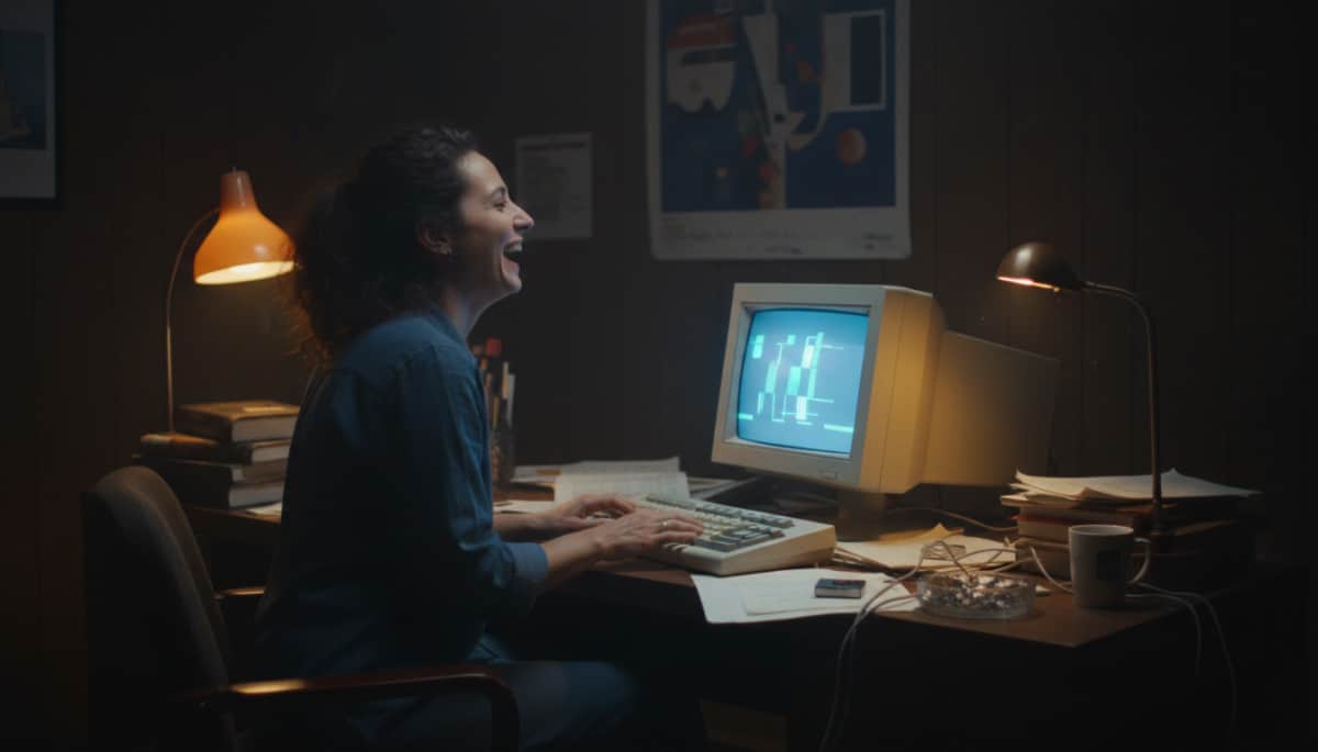 Femme devant un ordinateur des années 90