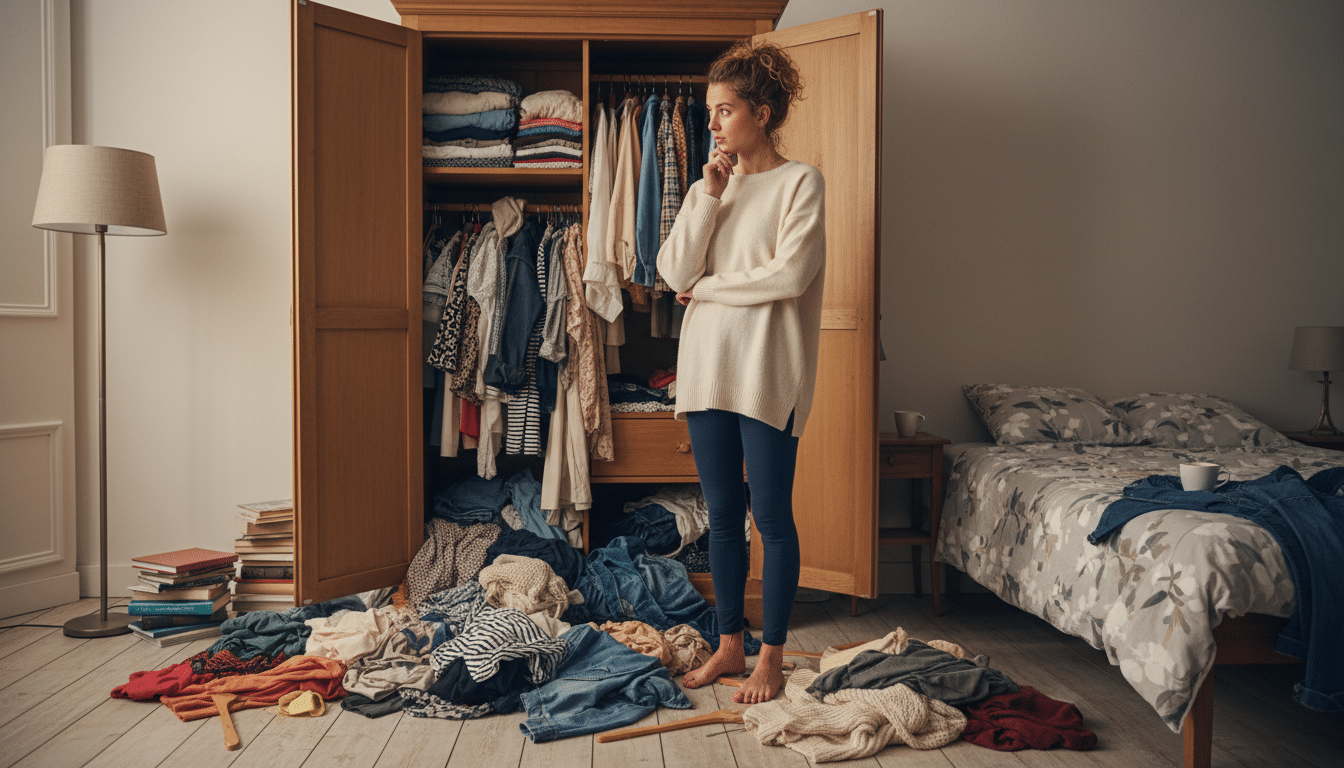 Femme devant un placard débordant de vêtements