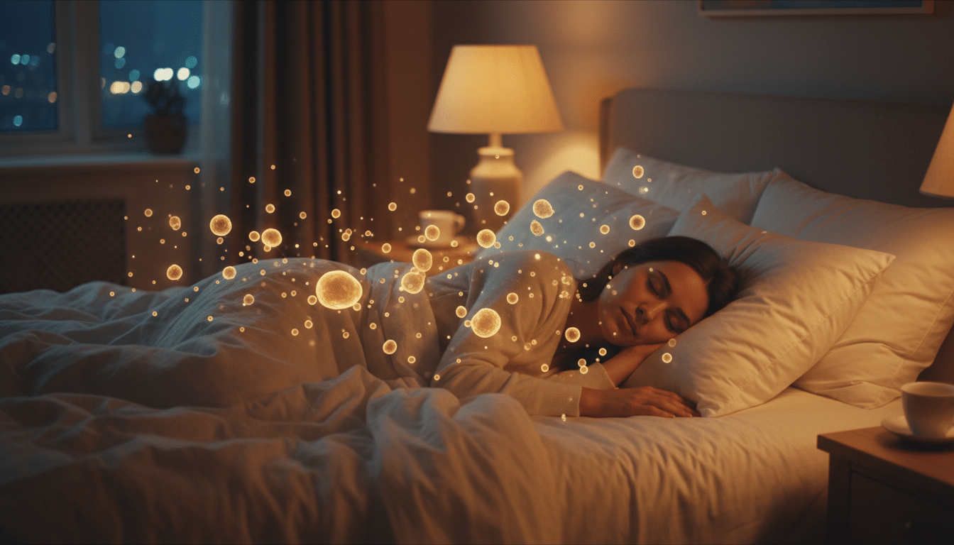 Femme dormant paisiblement entourée de cellules lumineuses