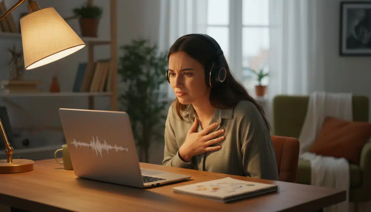 Femme écoutant sa voix avec dégoût dans un casque