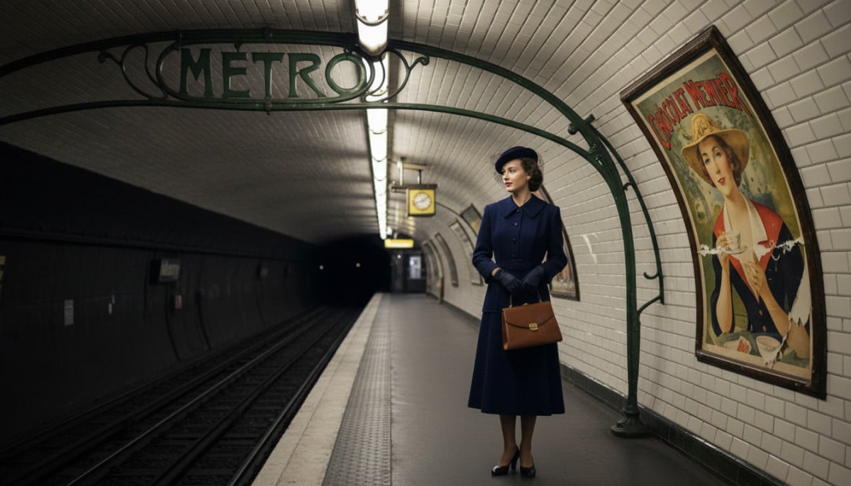 Femme élégante attend dans une station de Métro parisien des années 50.
