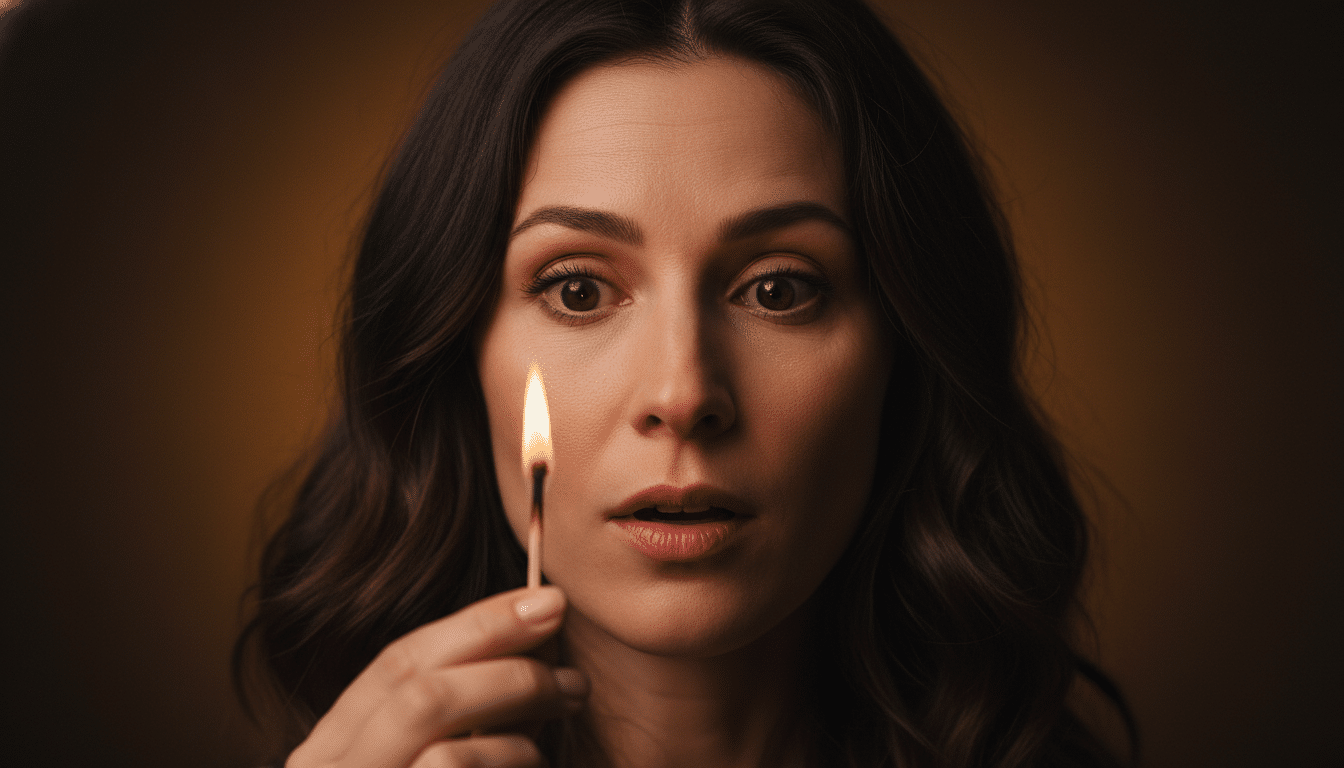 Femme émerveillée tenant une allumette enflammée