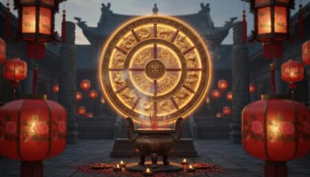 Femme en méditation baignée d'une lumière dorée et de flammes douces pour l'horoscope chinois du 19 avril 2026