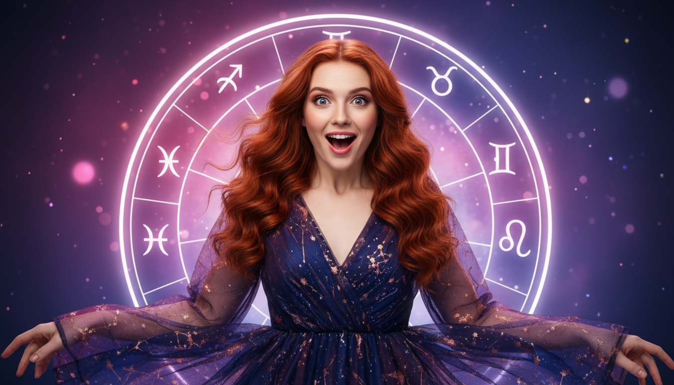 Femme en méditation entourée de symboles du zodiaque dans une ambiance mystique dorée