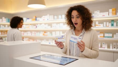 Femme en pharmacie comparant Doliprane et générique