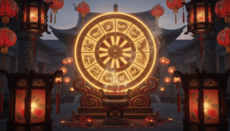 Femme en robe de soie rouge méditant dans un jardin de cerisiers en fleurs pour l'horoscope chinois du 4 avril 2026