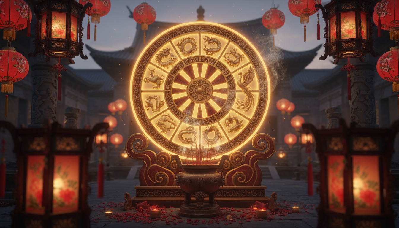 Femme en robe de soie rouge méditant dans un jardin de cerisiers en fleurs pour l'horoscope chinois du 4 avril 2026