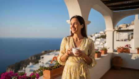 Femme en robe légère au soleil sur terrasse méditerranéenne