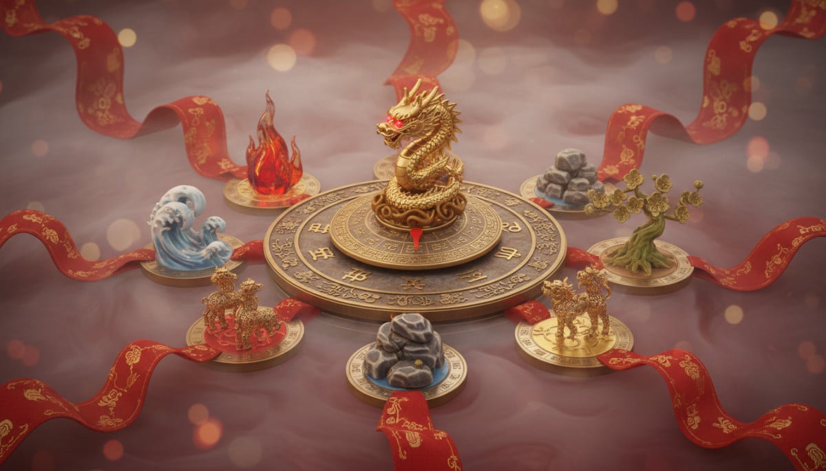 Femme en soie rouge contemplant l'horizon au lever du soleil, symbolisant l'énergie du Feu-Yang