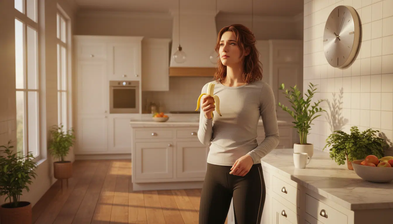 Femme en tenue de sport regardant l'heure après avoir mangé