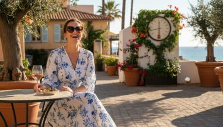 Femme en terrasse ensoleillée au Sud de la France à 26°C
