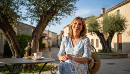 femme en terrasse ensoleillée dans le Sud de la France