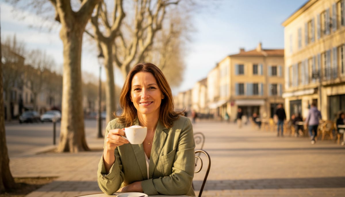 Femme en terrasse sous le soleil de fin avril