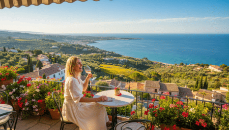 Femme en terrasse sous le soleil du Sud ce 9 avril