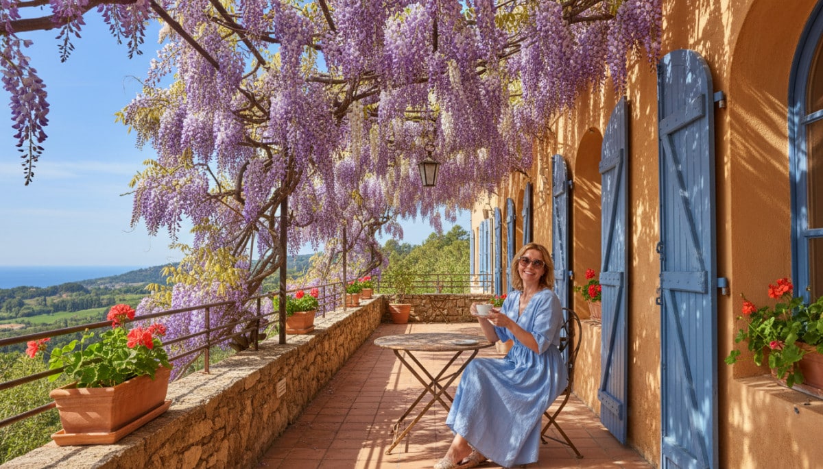 Femme en terrasse sous le soleil du Sud ce jeudi