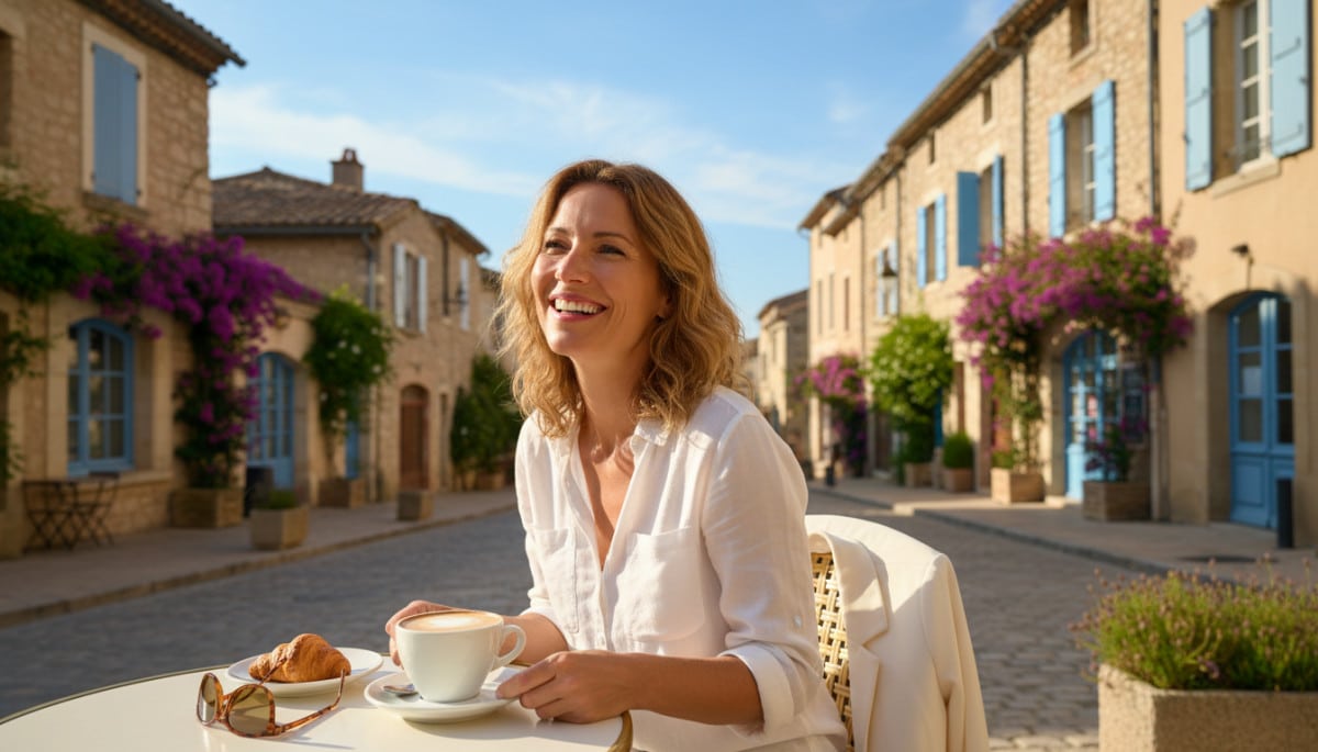 Femme en terrasse sous le soleil du Sud ce mardi