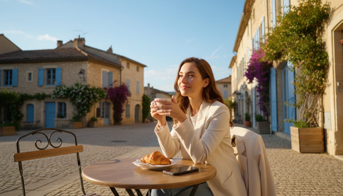 Femme en terrasse sous le soleil printanier du sud de la France