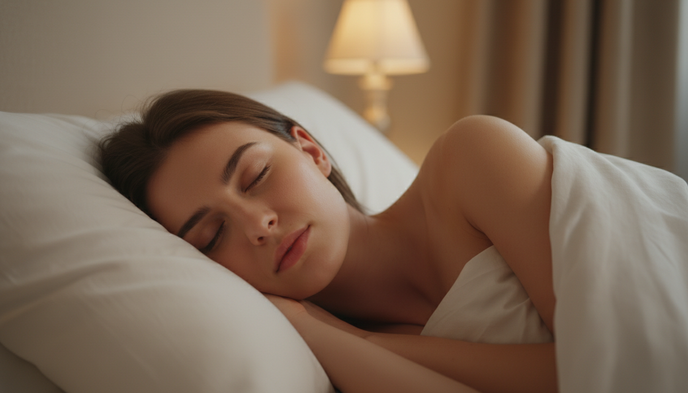 Femme endormie bouche entrouverte sur oreiller blanc