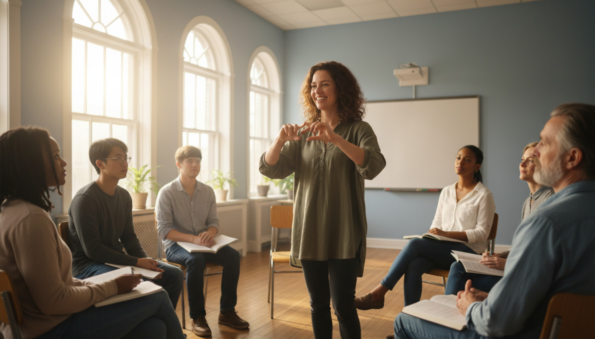 Femme enseignant la langue des signes à un groupe