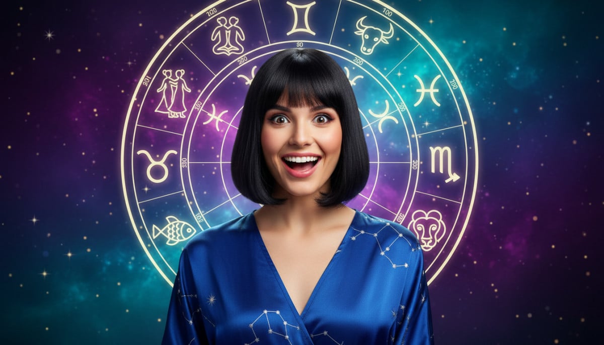 Femme entourée de symboles du zodiaque lumineux pour l'astrologie du 27 avril 2026