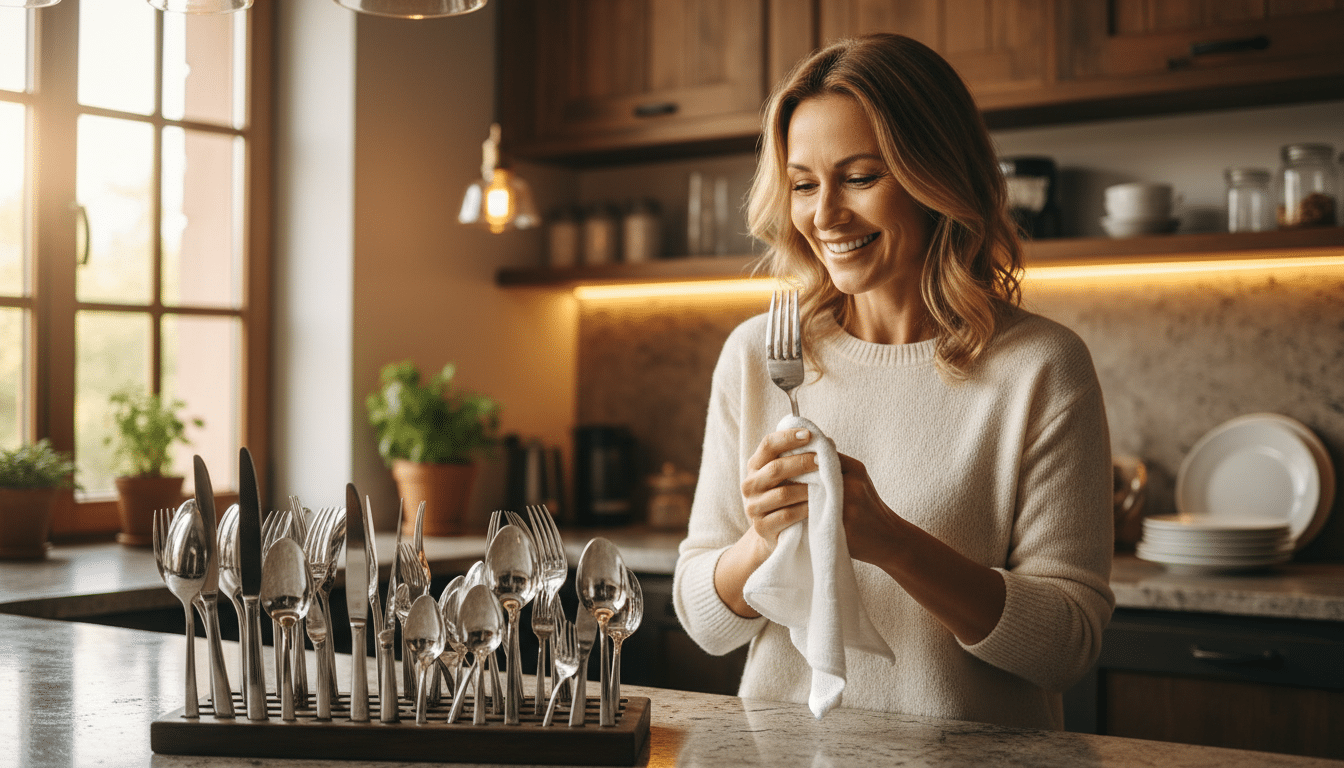 femme essuyant des couverts brillants après nettoyage