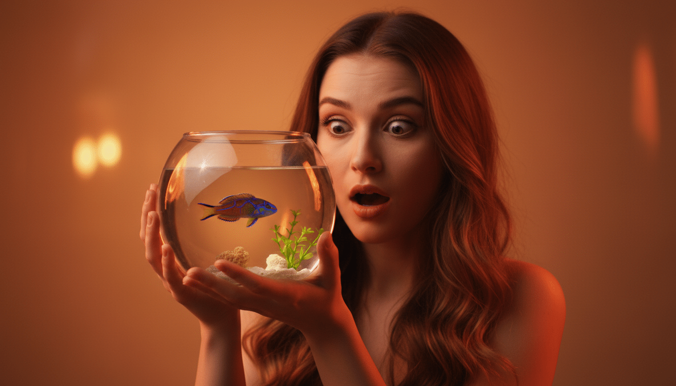 Femme étonnée observant un poisson dans un bocal