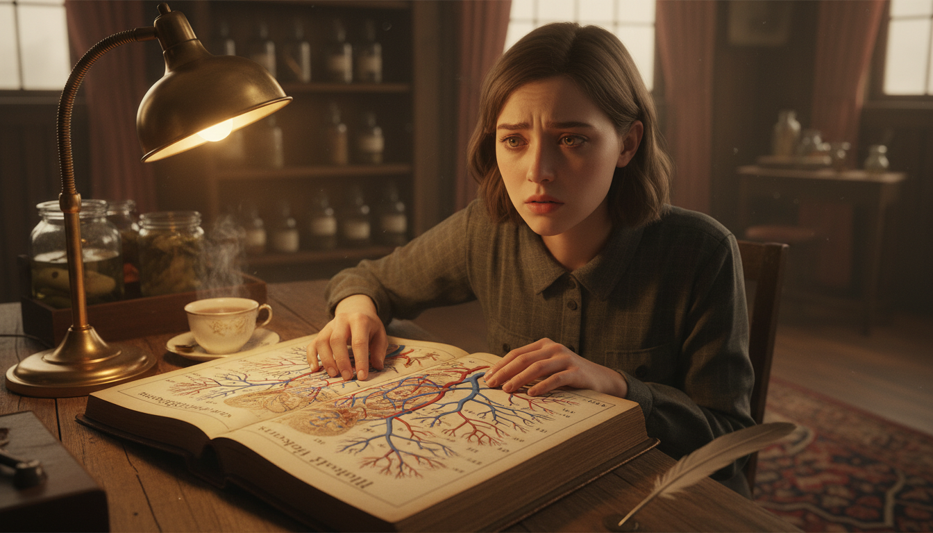 femme étudiant un schéma anatomique avec veines bleues