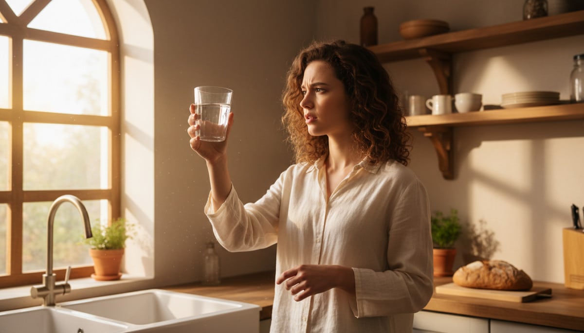 Femme examinant un verre d'eau du robinet à la lumière