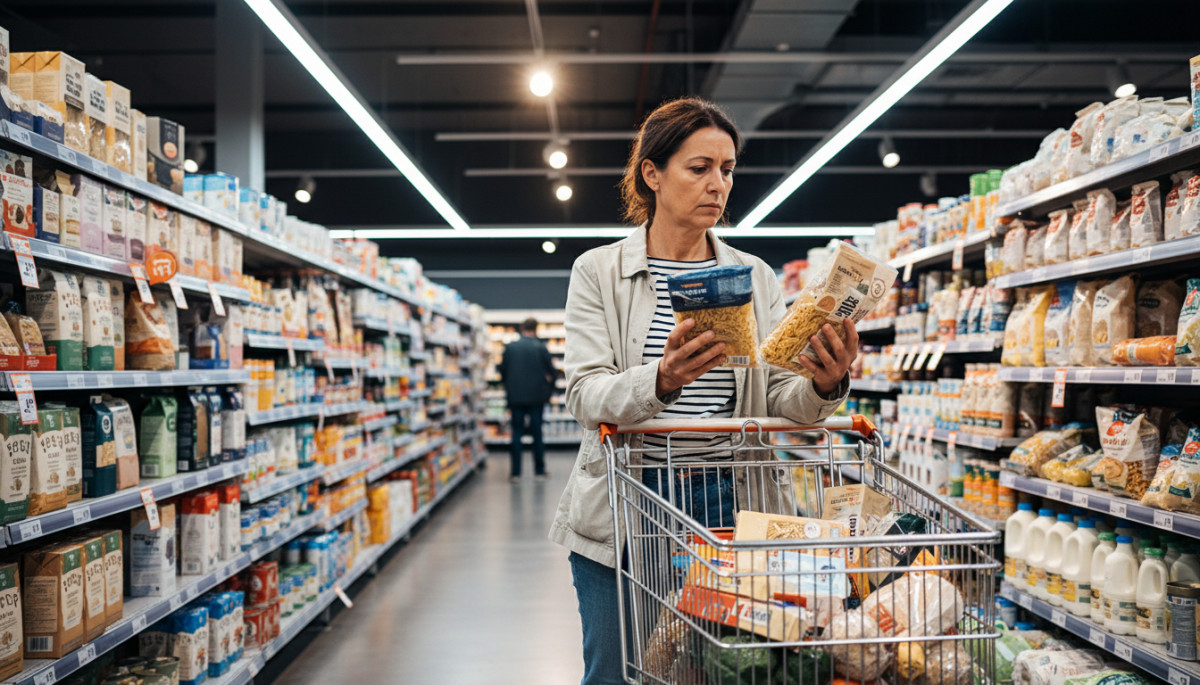 Femme fait ses courses dans un supermarché discount