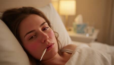 Femme fiévreuse avec thermomètre dans la bouche