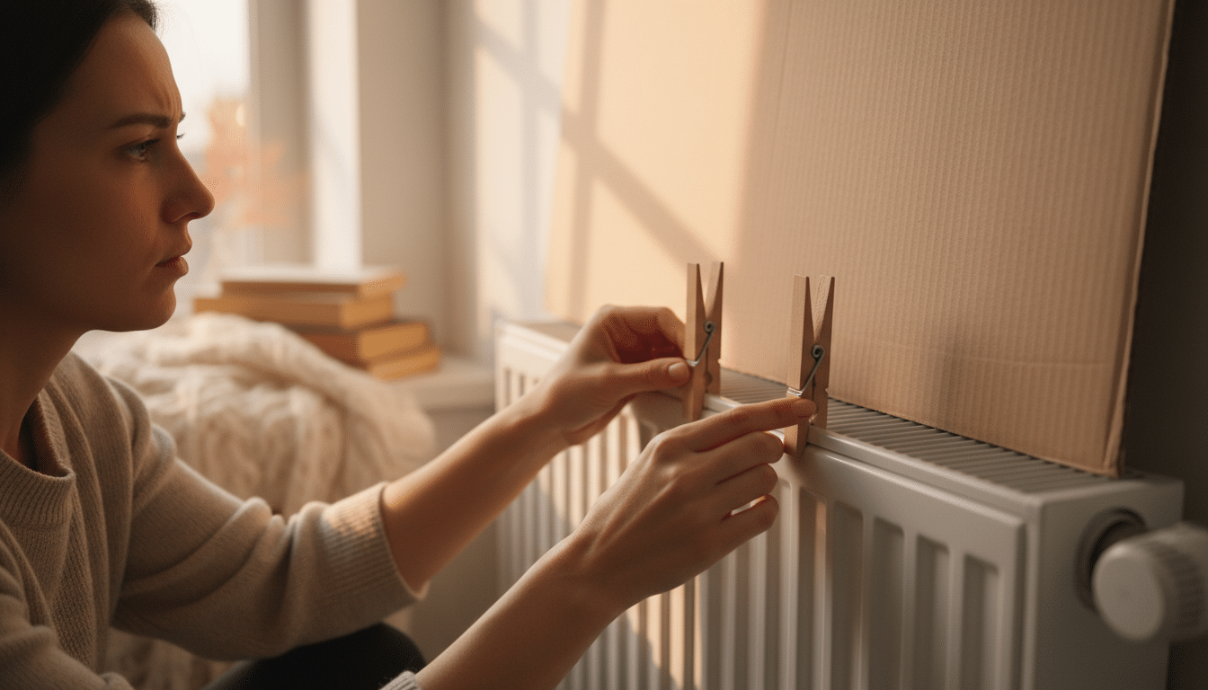 Femme fixant un carton derrière un radiateur avec des pinces